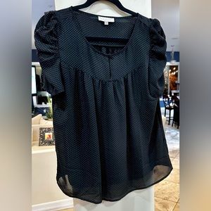EUC Women’s Blousology Black & Pale Pink/Off White Polka Dot Blouse, Size M